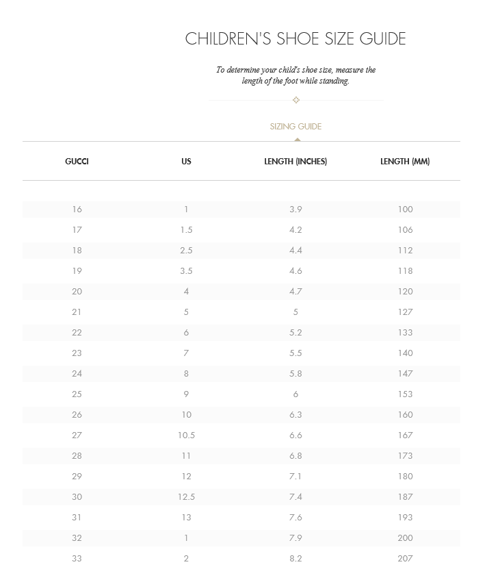 gucci kids shoe size